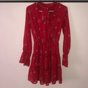 Red dress with light pink flowers.